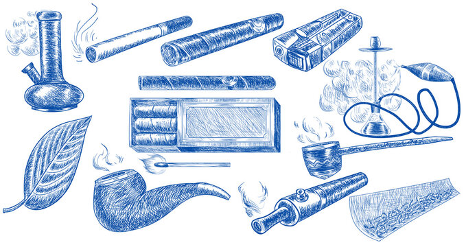 Smoking sketch set. Bong. cigarette, pack of cigars, lighter, hookah, tobacco leaf, pipe, vape. Highly detailed objects for advertising recreation and entertainment.