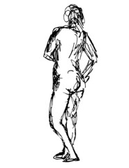 Fototapeta na wymiar Doodle art illustration of a nude female human figure posing with hand on hips rear view in continuous line drawing style in black and white on isolated background.