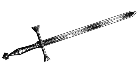 Fotobehang Beautiful detailed medieval sword on a white background. Knights weapon sketch. Excalibur of King Arthur. Blade of Strength. © Artskrin