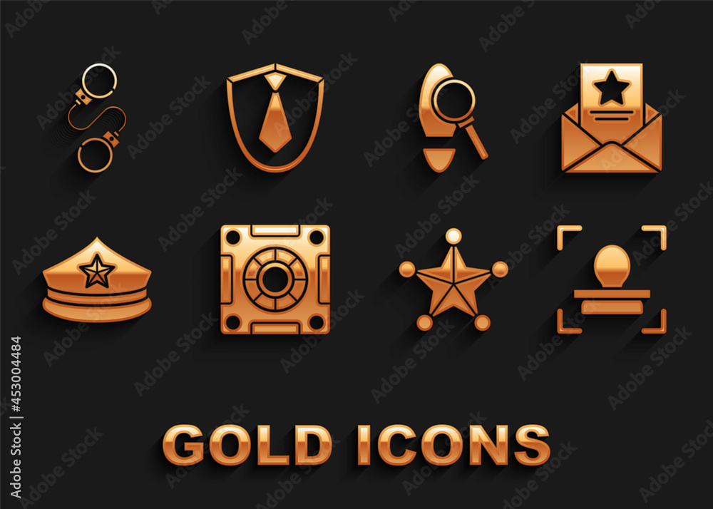 Canvas Prints Set Safe, The arrest warrant, Face recognition, Hexagram sheriff, Police cap with cockade, Magnifying glass footsteps, Handcuffs and Tie icon. Vector