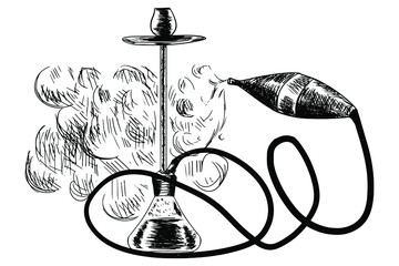 Shaded sketch hookah on a white background. Signboard or logo, banner, for hookah or tobacco packaging.