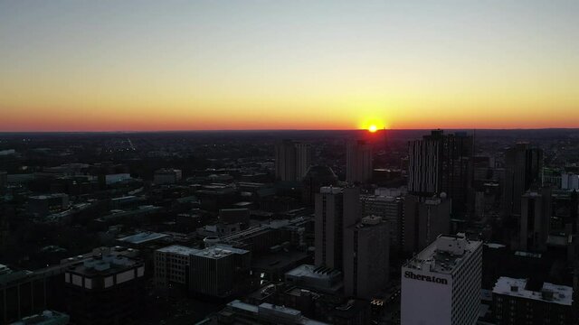 Aerial view of the Philadelphia skyline at sunset.