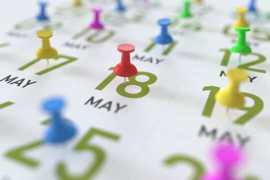May 18 date and push pin on a calendar, 3D rendering