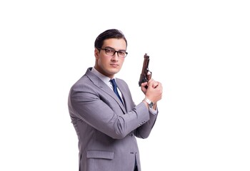 Aggressive business manager with handgun isolated on white