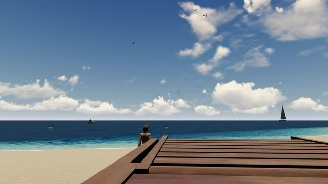 3840x2160 25 Fps. Dramatic sea. Blue sky golden waves. Atlantic Ocean beach seacape. 3D Animation.

