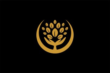 Fototapeta premium Hand tree logo design vector. Plant care illustration sign. Green leaf in shield vector icons.