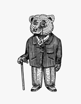 Bear with Monocle and Walking Stick in a jacket. Fashion character. Victorian gentleman. Vintage retro look. Hand drawn sketch. Vector engraved illustration for logo and tattoo or T-shirts.