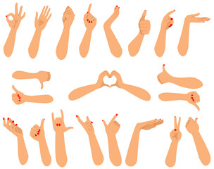 Set of forearm hands of female human in different action gestures - obrazy, fototapety, plakaty