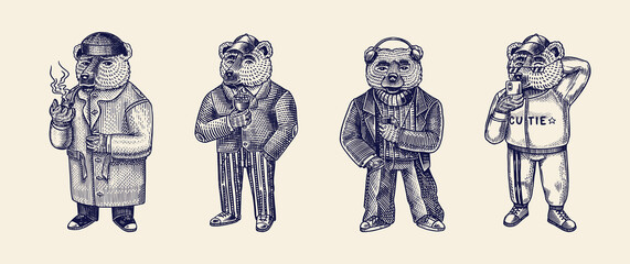 Bear in vintage costume. Victorian gentleman listening to music with headphones and playing sports. Fashion animal character in tweed jacket. Hand drawn sketch. Retro look. Vector for tattoo T-shirts.