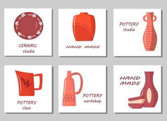 A set of cards for the pottery workshop. Images of various handmade items - vases, plates, jug and bowls. Vector illustration with place text. For use in invitations, posters, covers, class schedules
