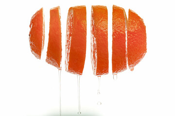 Juicy orange rings, with drops of juice, levitates on a white background