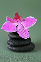 Spa Stones and Orchid Flower. Massage Stone.Beauty and harmony. Black stones and pink orchid flowers on green background.Beautiful Zen Stones. High quality photo