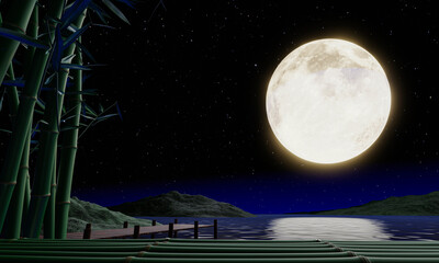 Naklejka premium Full moon night or supermoon reflected on the sea. There is a backdrop of bamboo. The zen style image looks calm, lunar day or the Mid-Autumn Festival. 3D rendering