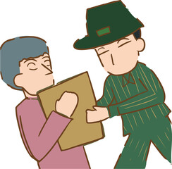 宅配便の男性が老人に荷物を届ける、宅急便の男性