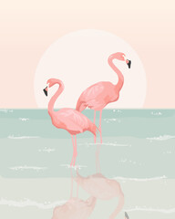 Flamingo ocean sunset print digital illustration