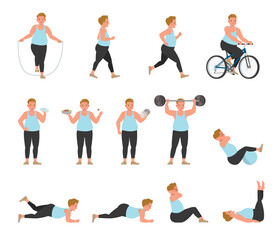 Fototapeta na wymiar Set of fat man with overweight doing exercises character vector design