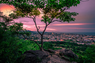 panoramic background of high mountain scenery, overlooking the atmosphere of the sea, trees and...
