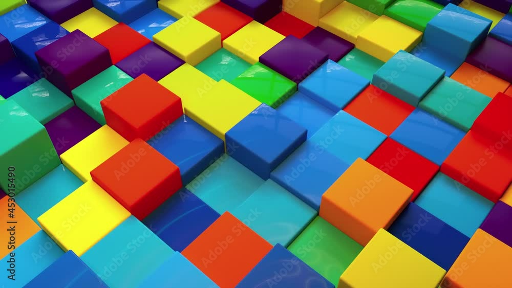 Poster geometric 3d render simple squares laid with lines on surface. multicolored boxes in dynamic lightin