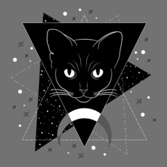 Mistyczny czarny kot w stylu boho. Kocia sylwetka z półksiężycem. Wektorowa gotycka magiczna ilustracja do druku na kartkach, ścianach lub jako grafika do postów lub social media story. Halloween