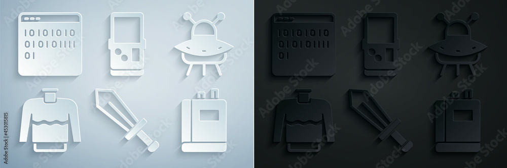 Poster set sword for game, ufo flying spaceship, sweater, book, tetris and binary code icon. vector