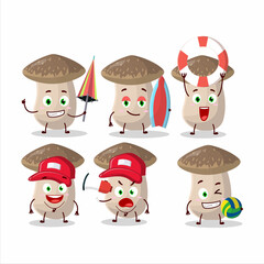 Happy Face shiitake cartoon character playing on a beach