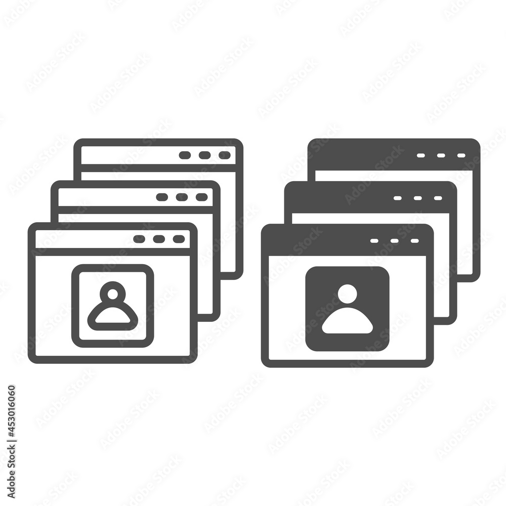 Poster windows with user profile button, account log in line and solid icon, computing concept, avatar vect