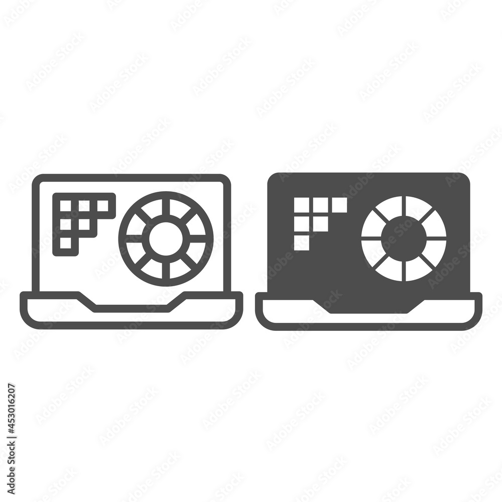 Poster laptop and color wheel palette on screen line and solid icon, design concept, pie chart diagram vect