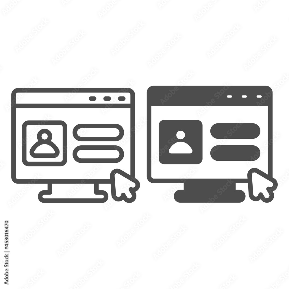 Poster monitor, user authorization window, cursor pointer line and solid icon, ui concept, avatar vector si
