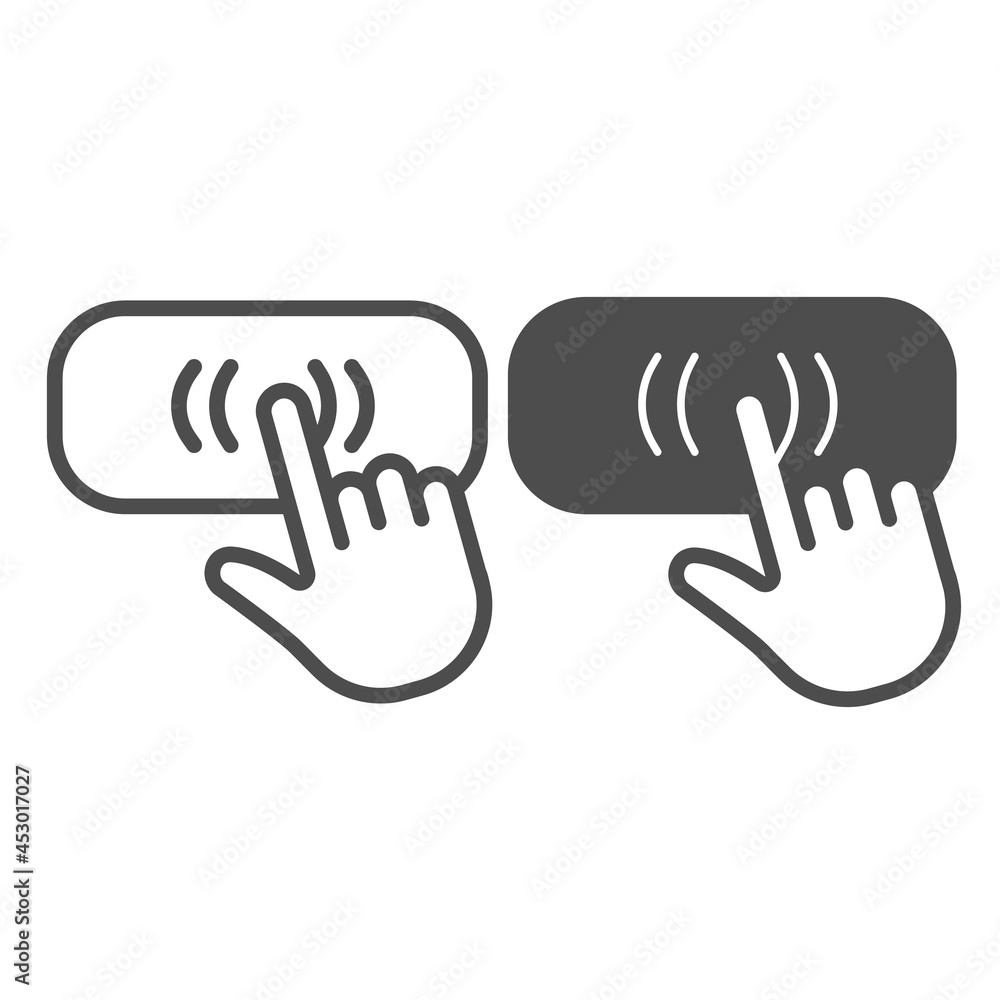 Poster hand cursor on button, hand pointer, clicking line and solid icon, electronics concept, switch vecto