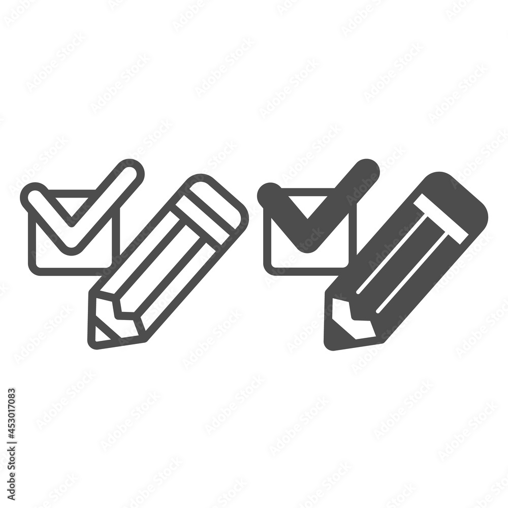 Poster pencil with check mark, done line and solid icon, productivity concept, completed vector sign on whi