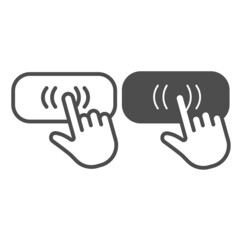 Hand cursor on button, hand pointer, clicking line and solid icon, electronics concept, switch vector sign on white background, outline style icon for mobile concept and web design. Vector graphics.