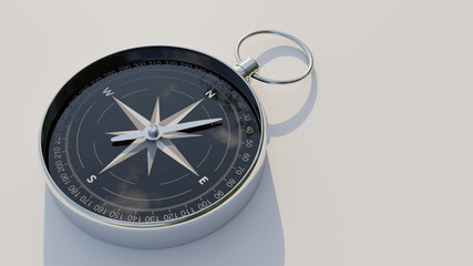 Round magnetic compass on flat surface with copy space. 3D rendering illustration. 