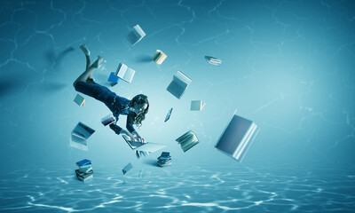 Woman with laptop underwater . Mixed media - Powered by Adobe