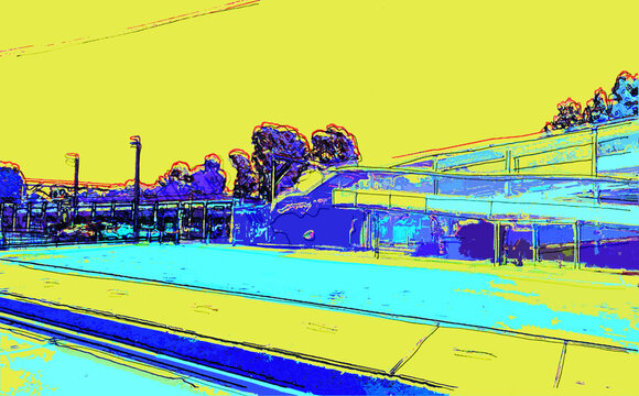 Kingswood Station Ramp. Train station abstract streetscape. Colours yellow, blue and purple