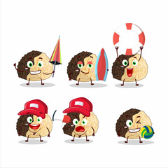 Happy Face truffle cartoon character playing on a beach