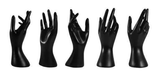 Isolated photo of black colored mannequin hand jewelry holder on white background.