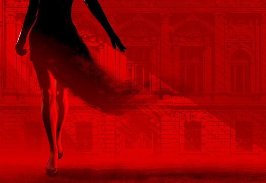 3d render noir illustration of lady in black dissolving dress walking on red and black styled city street background.