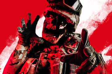Illustration of undead zombie soldier in uniform and armored clothing grabbing and reaching arms on red grungy background.