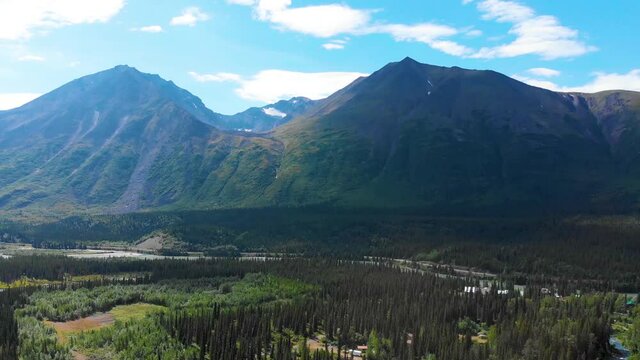 4K Drone Video of Beautiful Mountain Range above Chulitna River near Denali National Park and Preserve, AK during Summer