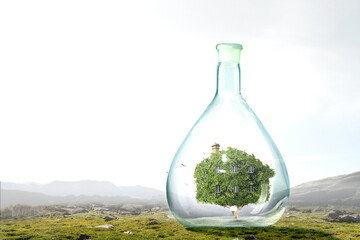 House inside a floating glass bottle