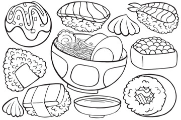 japan food doodle for coloring activity