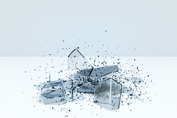 3d illustration of a transparent broken cube with huge shards on a white background. The geometry of shapes that are broken down into small pieces. Random shapes.