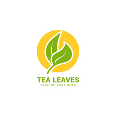 twin leaves and circle sun vector logo design for herbal drink, vegan food, and nature care