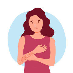 Young woman scratching arm. Female suffering from strong allergy skin itchy symptom in flat design. Red rash skin irritation.	