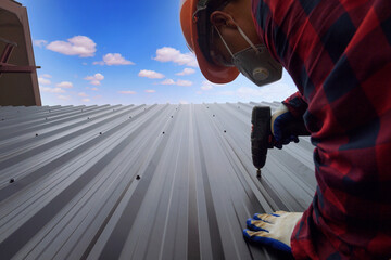 Roofer Construction worker install new roof,Roofing tools