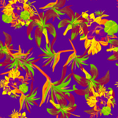 Fototapeta na wymiar Plum Pattern Illustration. Yellow Seamless Background. Violet Tropical Plant. Lavender Flower Plant. Purple Decoration Art. Spring Botanical. Garden Design.
