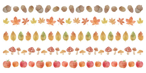 水彩風　紅葉と落ち葉の秋の植物のライン素材　セット　ベクターイラスト