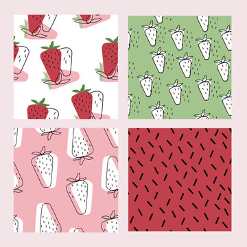 Set of vector seamless pattern. Modern texture for design, decoration, packaging, fabric, clothes and adversiting with strawberries.  Beautiful walpapers and profile design for social media