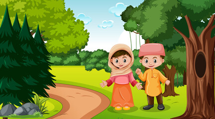 Obraz na płótnie Canvas Muslim kids wears traditional clothes in the forest scene