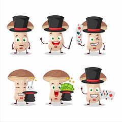 A brown cap boletus Magician cartoon character perform on a stage